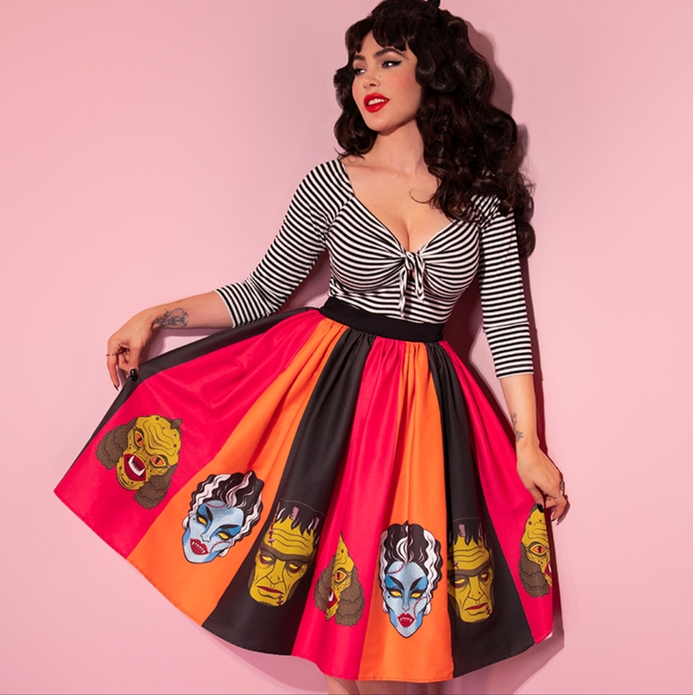 4xl Vixen by Micheline Pitt swing skirt in striped monster mask print